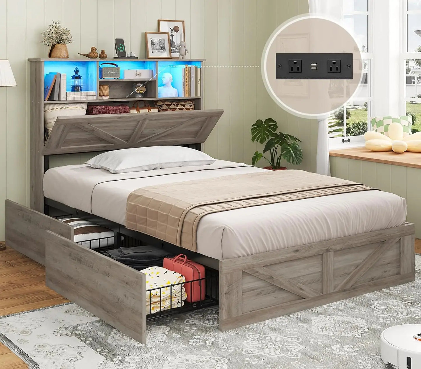 Farmhouse Style Twin Bed Frame with 4 Storage Drawers And Charging Station Wooden LED Twin Bed with Hidden Storage,Customized