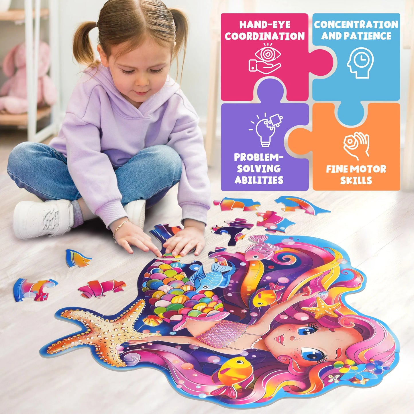 Floor Puzzles for Kids Toddlers Ages 4-6, 52 Piece Mermaid Puzzle, Mermaid Toys, Christmas Birthday Gift for Girls Boys