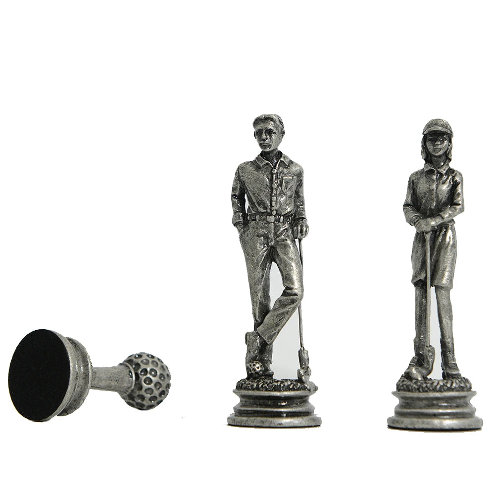 Metal Golf Theme Chess Set With Artificial Leather Chessboard