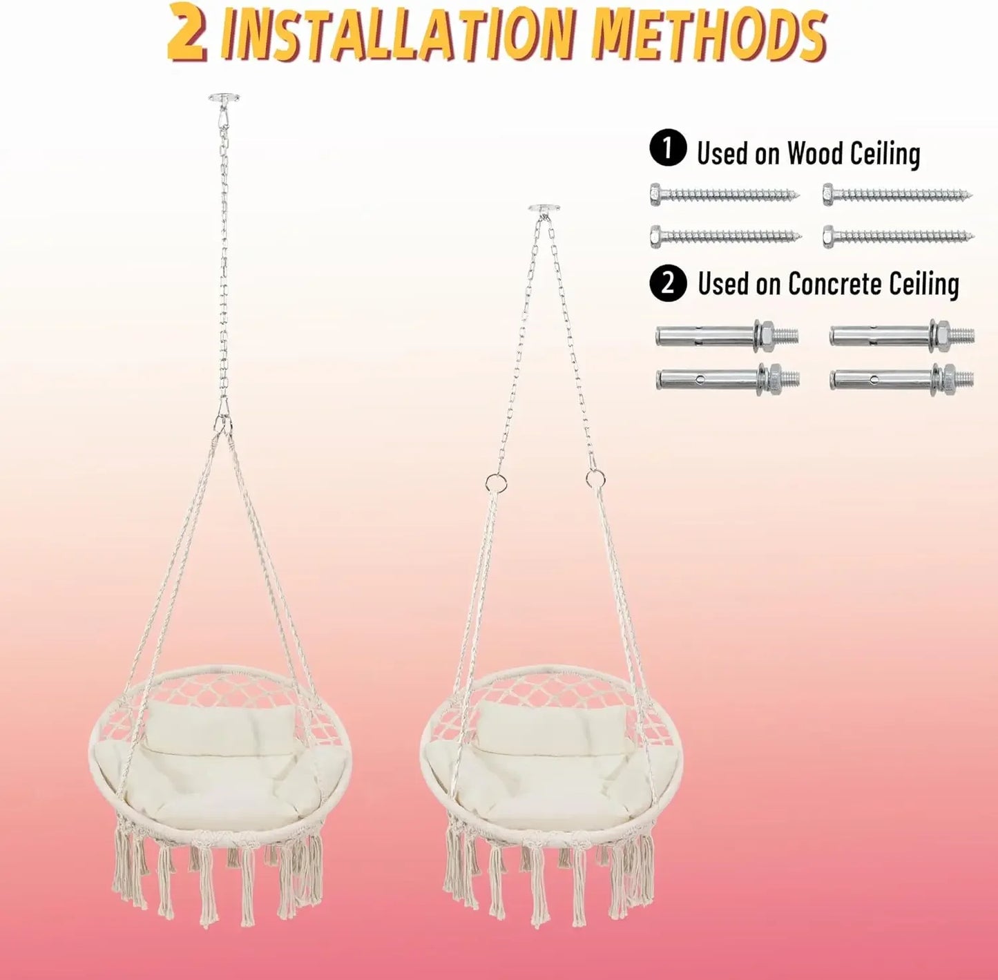 Macrame Hammock Hanging Swinging Chair with Medium Cushion, Perfect for Bedroom, Porch, Adults, Balcony, Beige