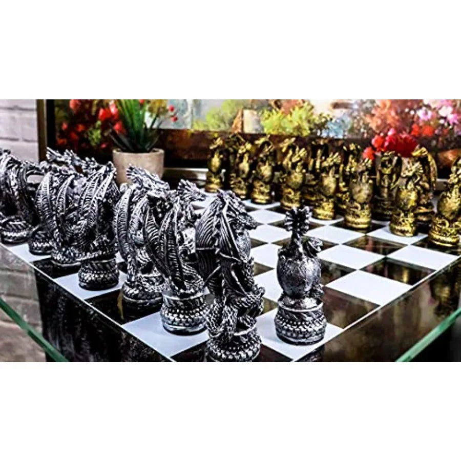 Ebros Mythical Medieval Fantasy Silver and Gold Colored Dragon Old World Kingdoms Resin Chess Pieces with Frosted Glass Board S