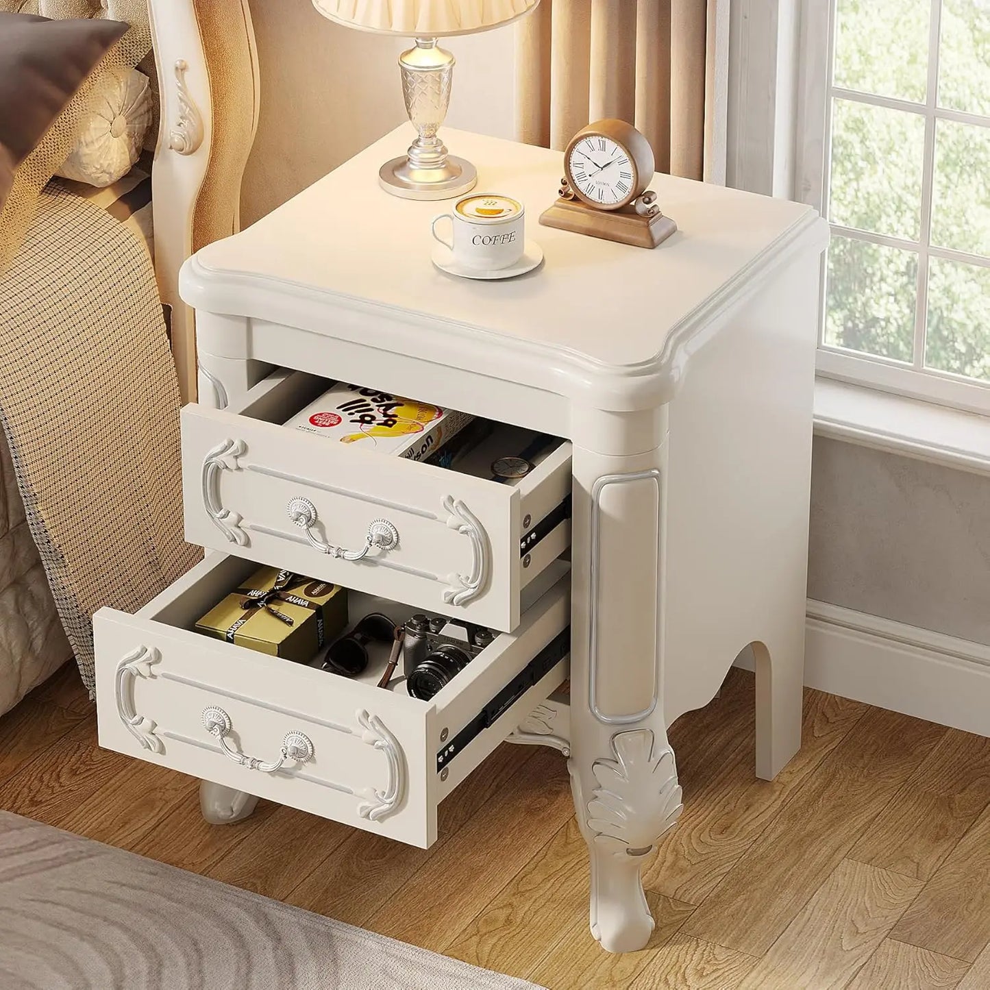 White Nightstand, End Table with 2 Drawers, Carved Bedside Tables, Side Table for Bedroom, Classic Bedroom Furniture