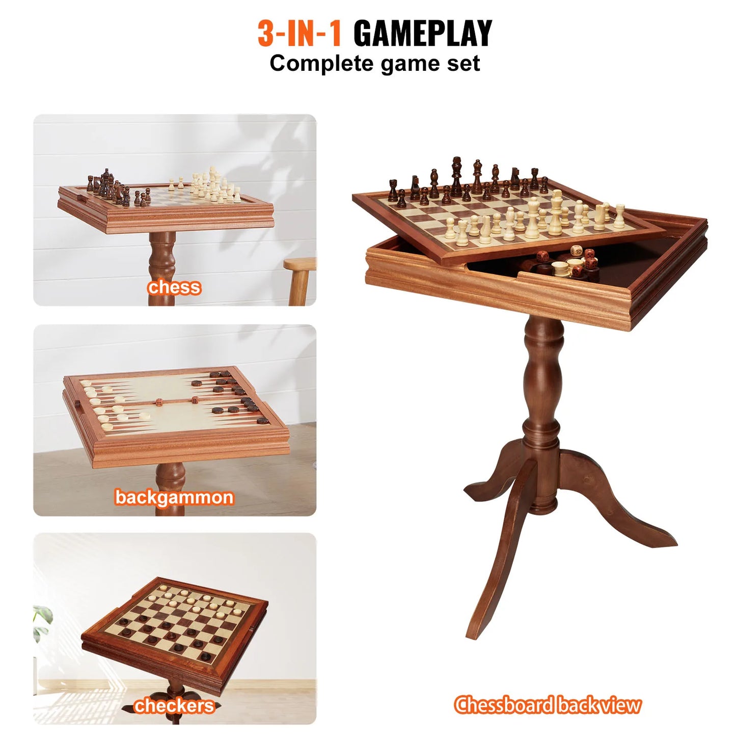 SucceBuy 3 In 1 Wooden Chess Checkers Backgammon Table Set