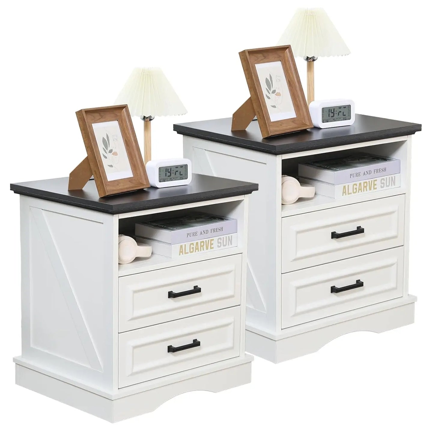 Farmhouse Night Stands Set of 2, Wood Nightstand with Charging Station, 22" Wide End Table with 3 Drawers, White, Customized