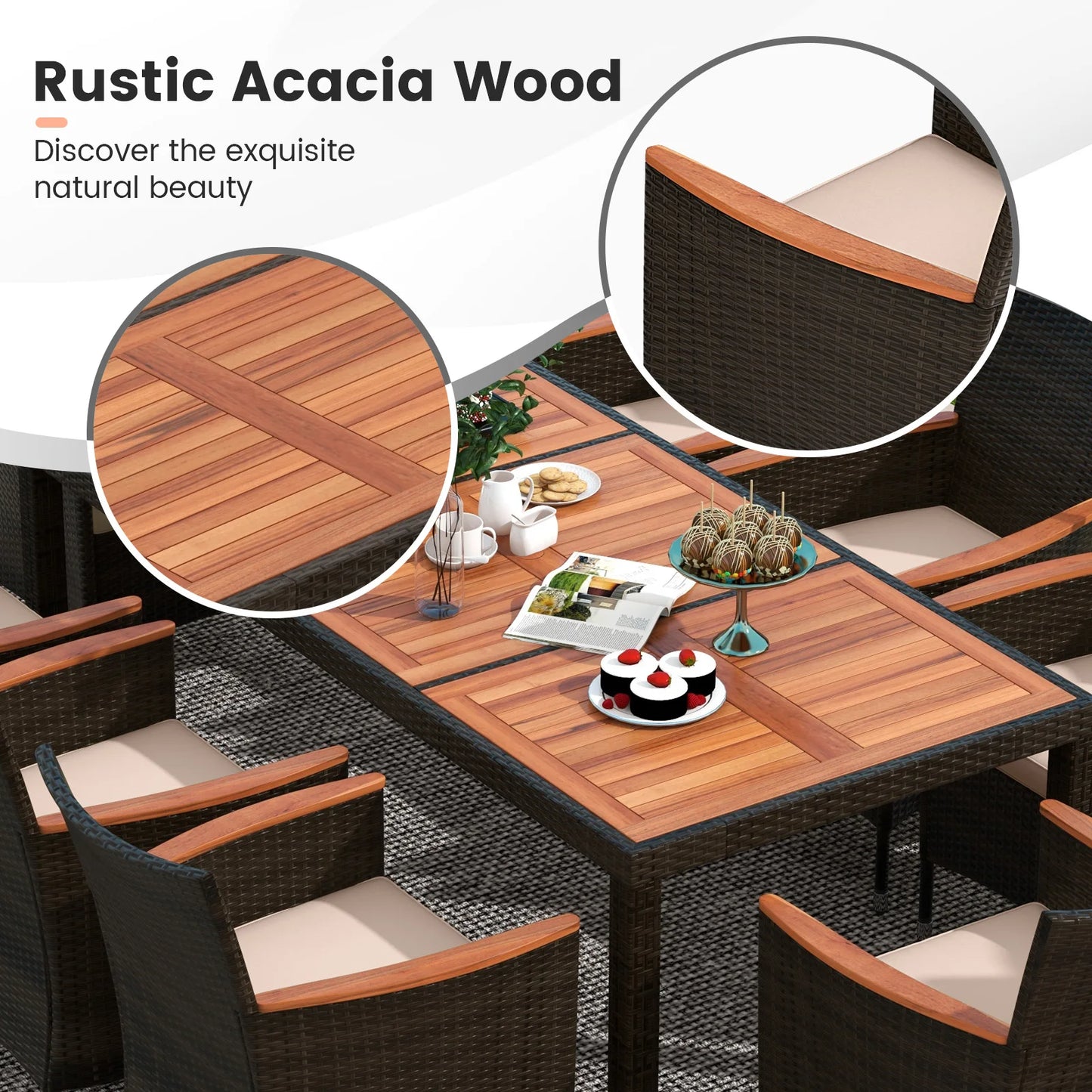 9-Piece Patio Dining Set With Wicker Chairs, Acacia Wood Table Top, Umbrella Hole And Cushions