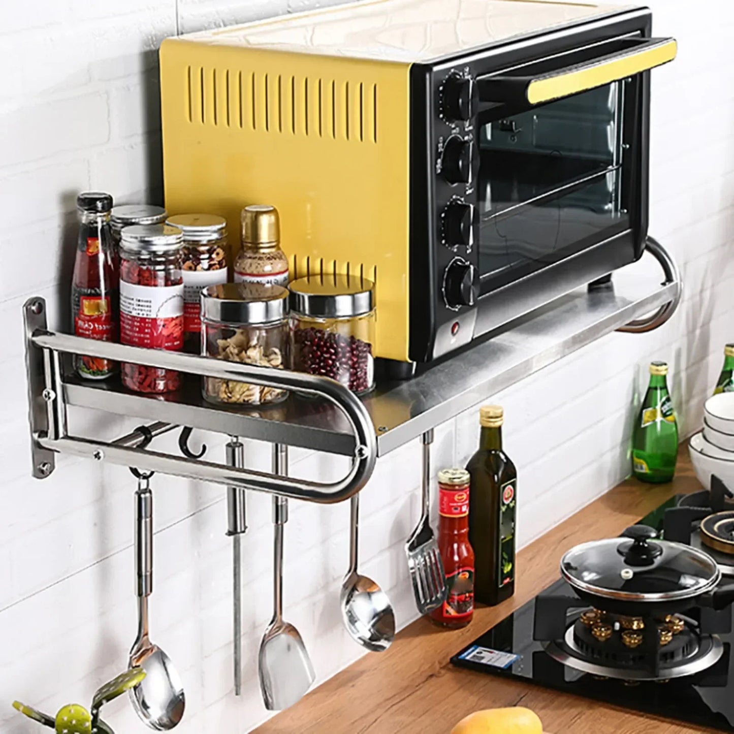 Stainless Steel Microwave Utensil Shelf With Hooks Kitchen Organizer Rack