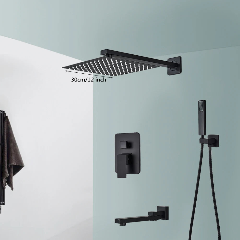 Black Shower Faucets System Bathroom Wall Mounted Rainfall Shower Kit Concealed Embedded Box Hot Cold Water Mixer Tap SUS304