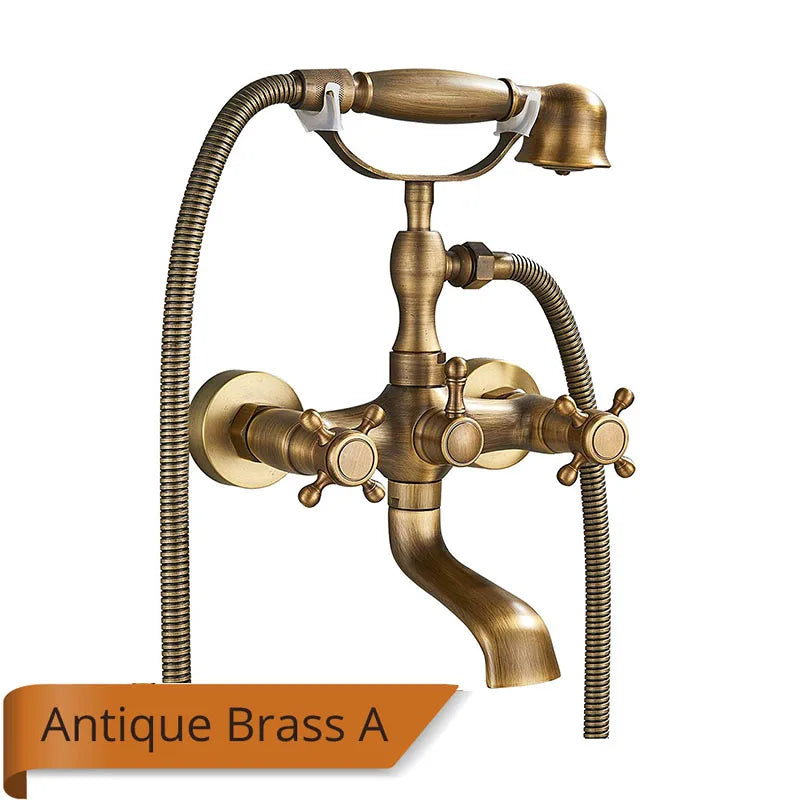 Rozin Antique Brass Bathtub Shower Faucet Set With Dual Handshower