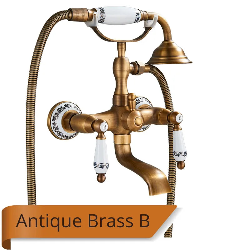 Rozin Antique Brass Bathtub Shower Faucet Set With Dual Handshower