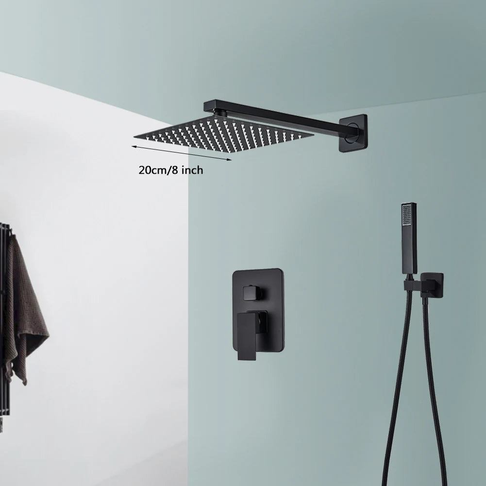 Black Shower Faucets System Bathroom Wall Mounted Rainfall Shower Kit Concealed Embedded Box Hot Cold Water Mixer Tap SUS304
