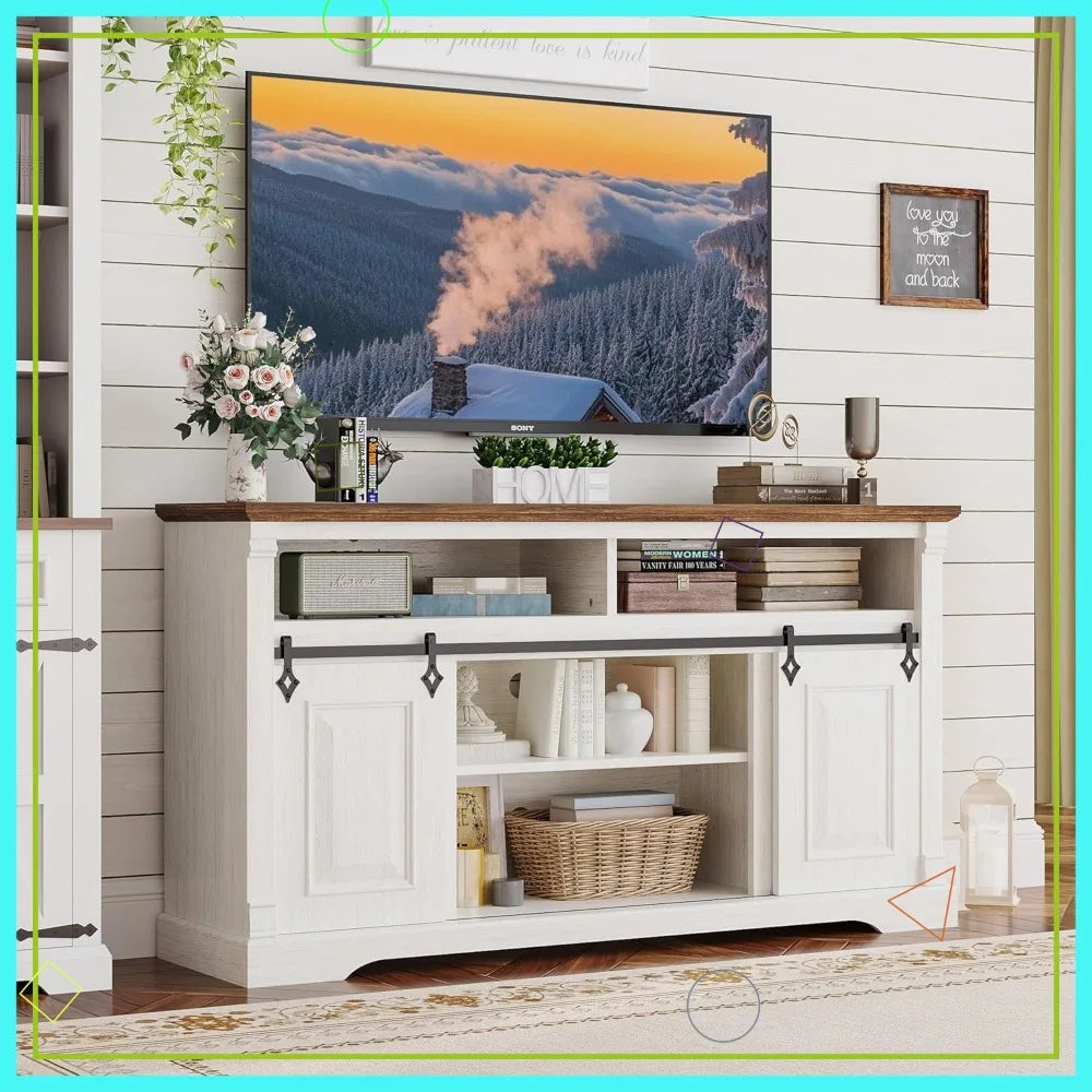 Farmhouse TV Stand With Sliding Barn Door And Storage Cabinets