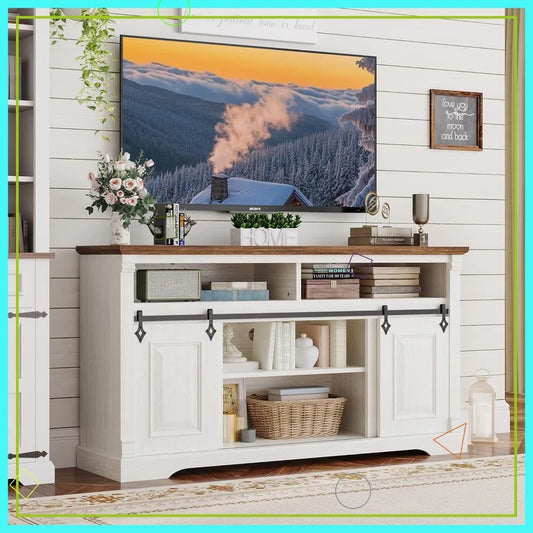 Farmhouse TV Stand With Sliding Barn Door And Storage Cabinets