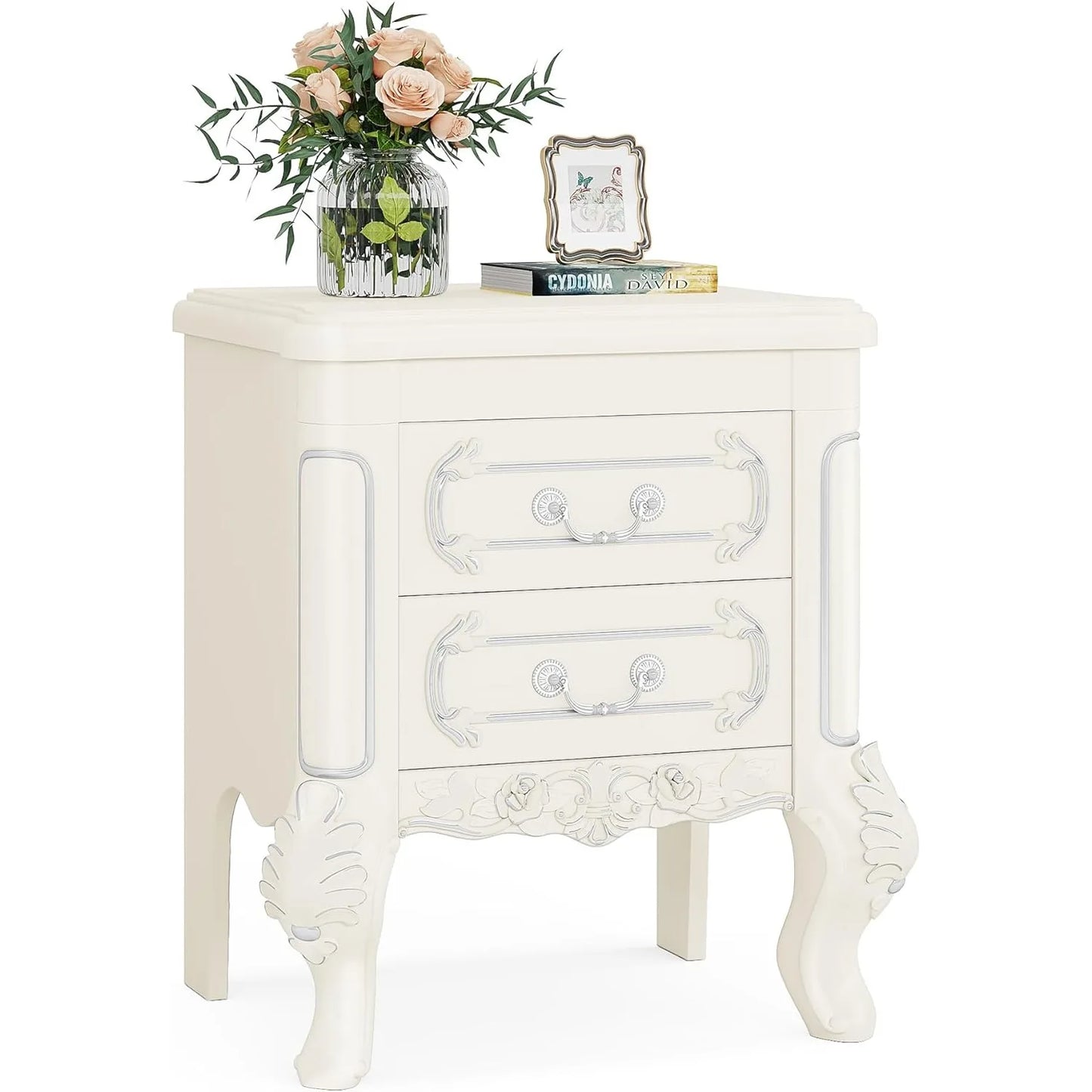 White Nightstand, End Table with 2 Drawers, Carved Bedside Tables, Side Table for Bedroom, Classic Bedroom Furniture