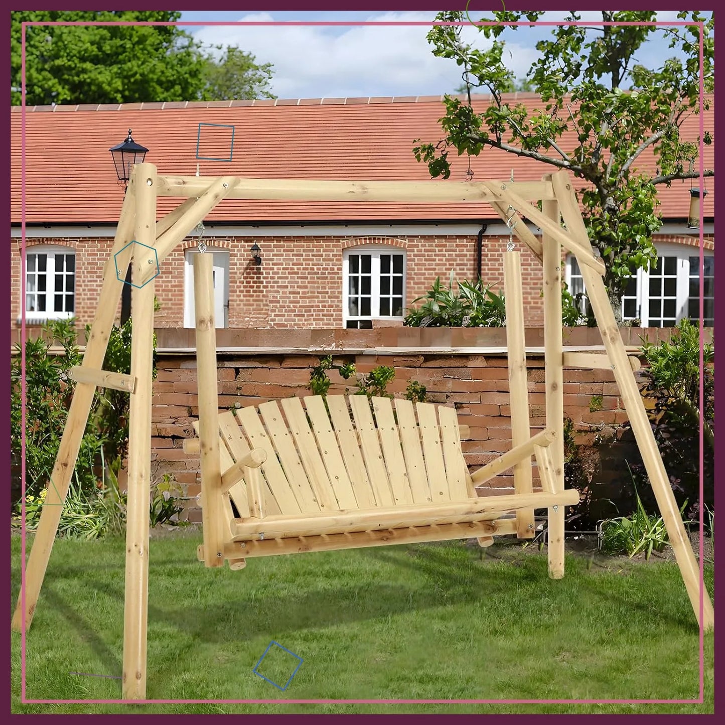Wooden Porch Swing With Stand Rustic Hardwood Bench Natural Finish