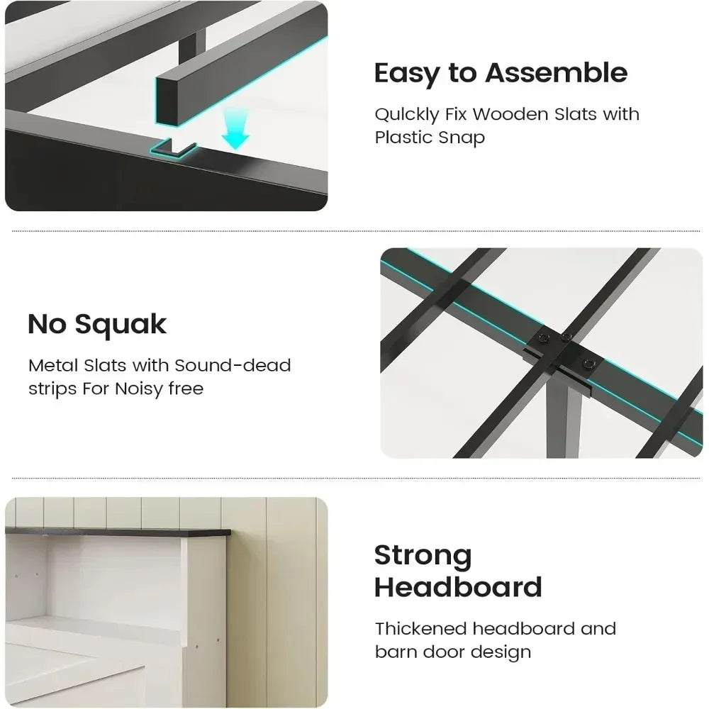 Farmhouse Style Twin Bed Frame with 4 Storage Drawers And Charging Station Wooden LED Twin Bed with Hidden Storage，Customized