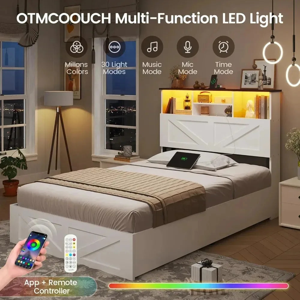 Farmhouse Style Twin Bed Frame with 4 Storage Drawers And Charging Station Wooden LED Twin Bed with Hidden Storage，Customized