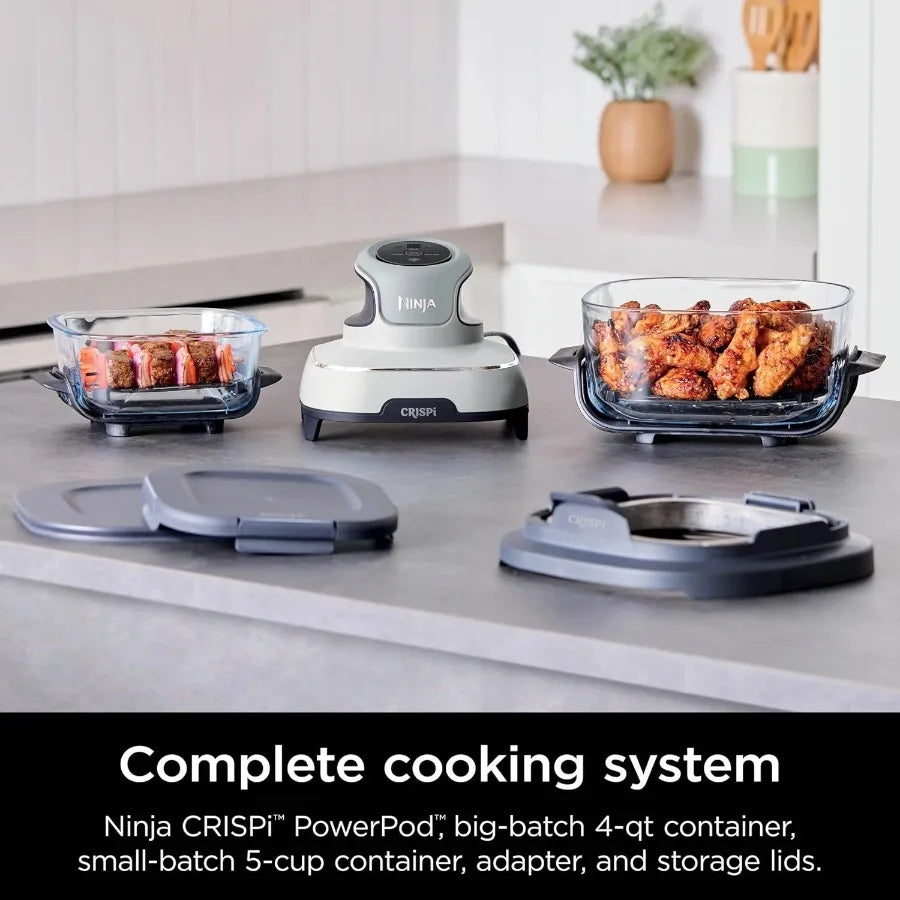 FN100WH Crispi Air Fryer Microwave Freezer Dishwasher Safe Non Toxic Glass Portable Cooking System with 4 QT 5 Cup Glass Contai