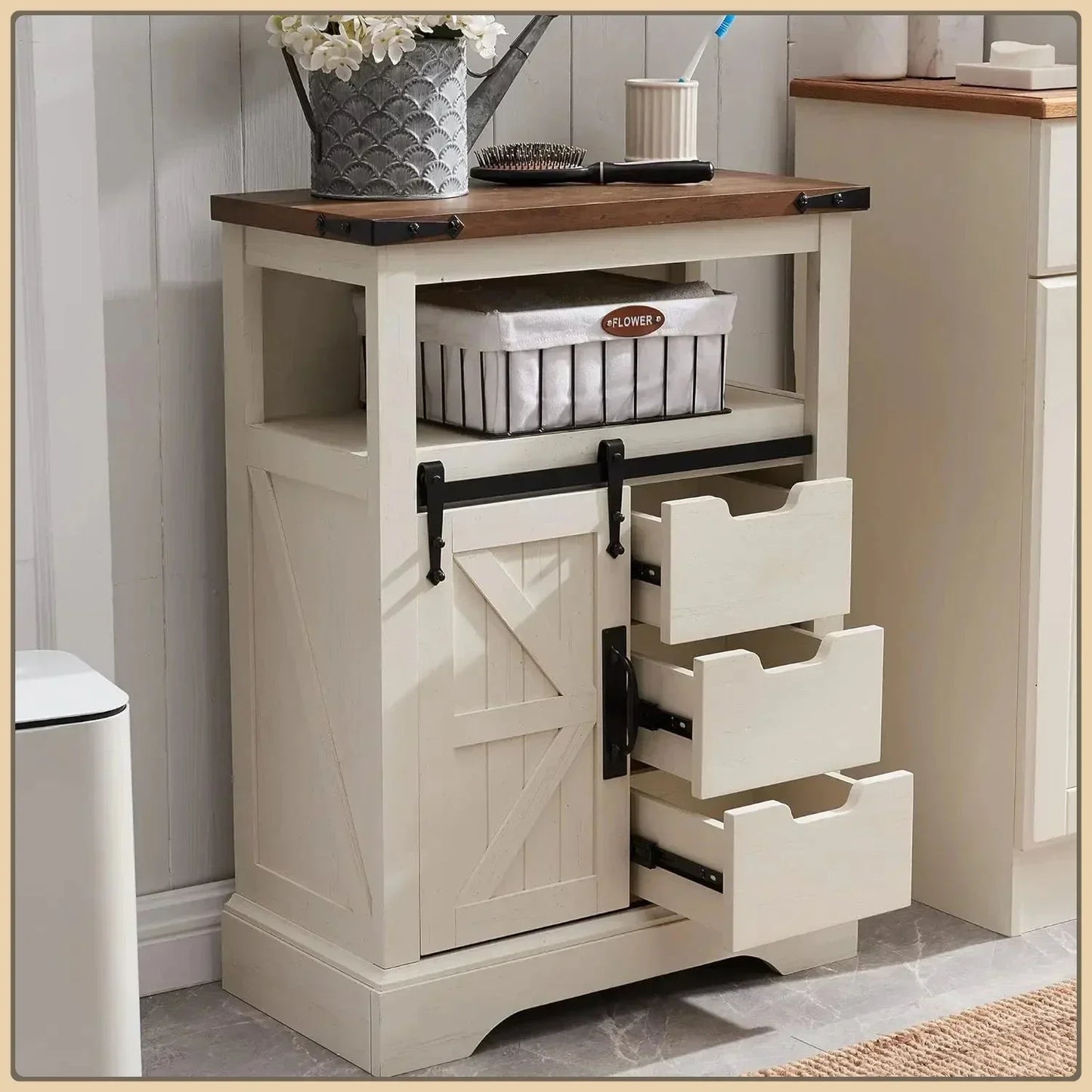 Bathroom Floor Cabinet, Farmhouse Cabinet with Sliding Barn Door & Storage Drawers, Small Storage Cabinet for Bathroom（Hot）