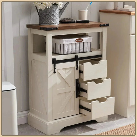 Bathroom Floor Cabinet, Farmhouse Cabinet with Sliding Barn Door & Storage Drawers, Small Storage Cabinet for Bathroom（Hot）