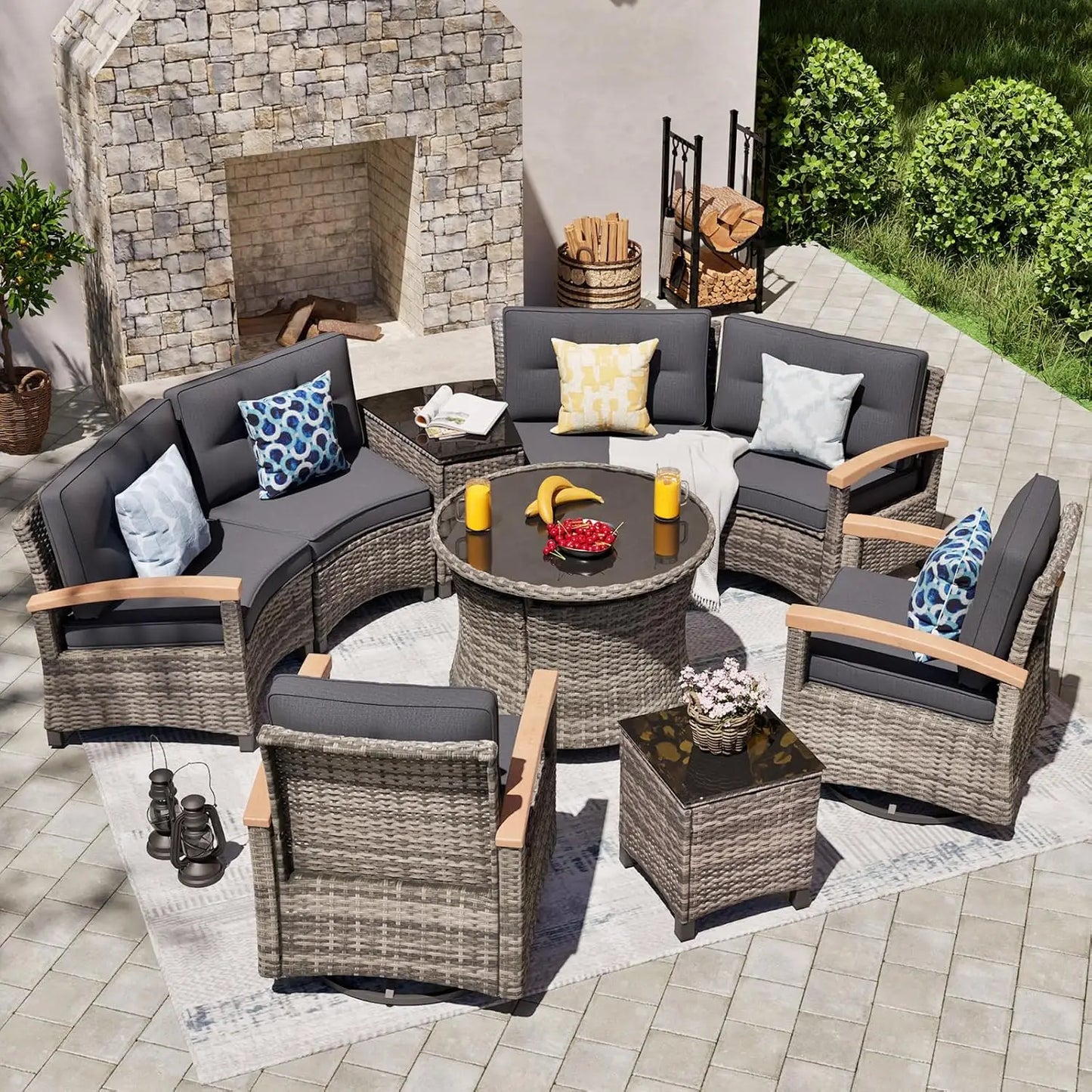 Multi-piece Outdoor Patio Furniture Sets, Half Moon Curving Part of The Sofa Rattan Patio Conversation Sets