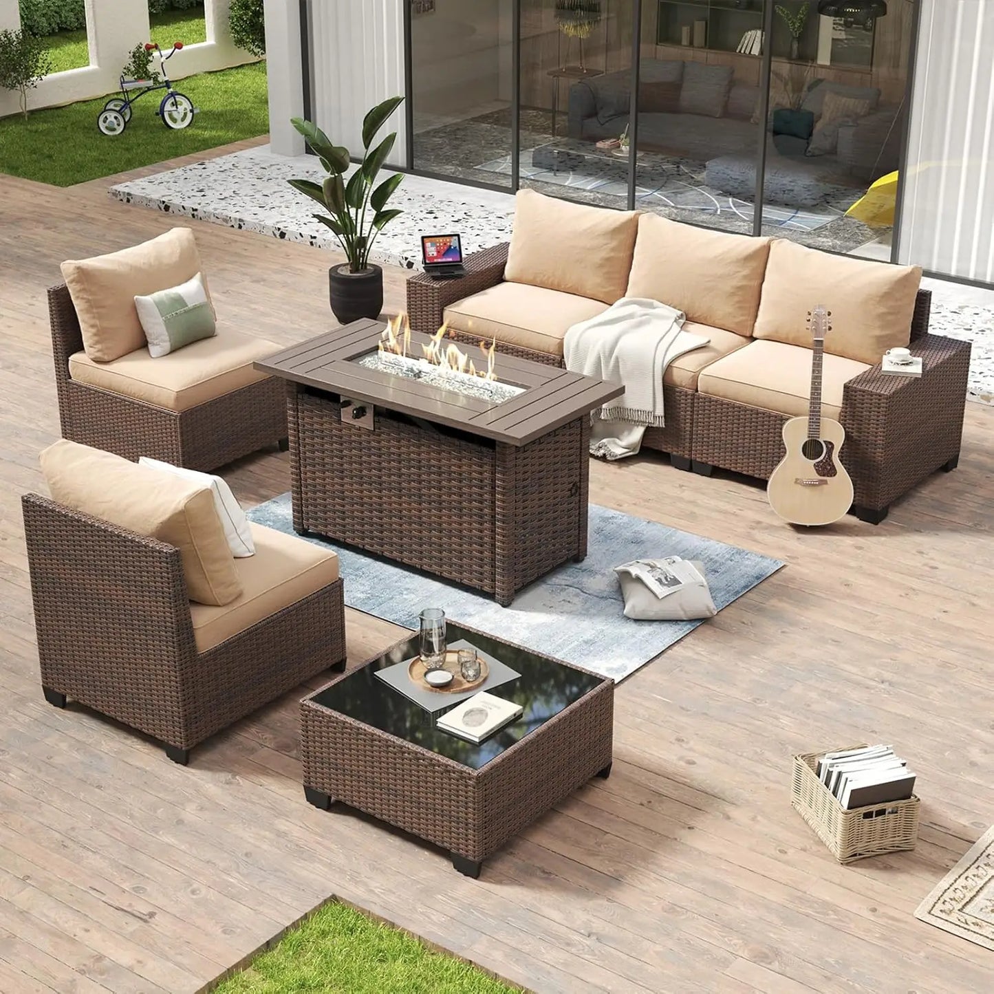 All Weather Outdoor Wicker Patio Set With Fire Pit Table