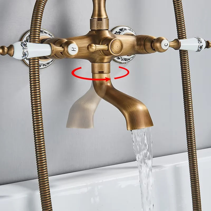 Rozin Antique Brass Bathtub Shower Faucet Set With Dual Handshower
