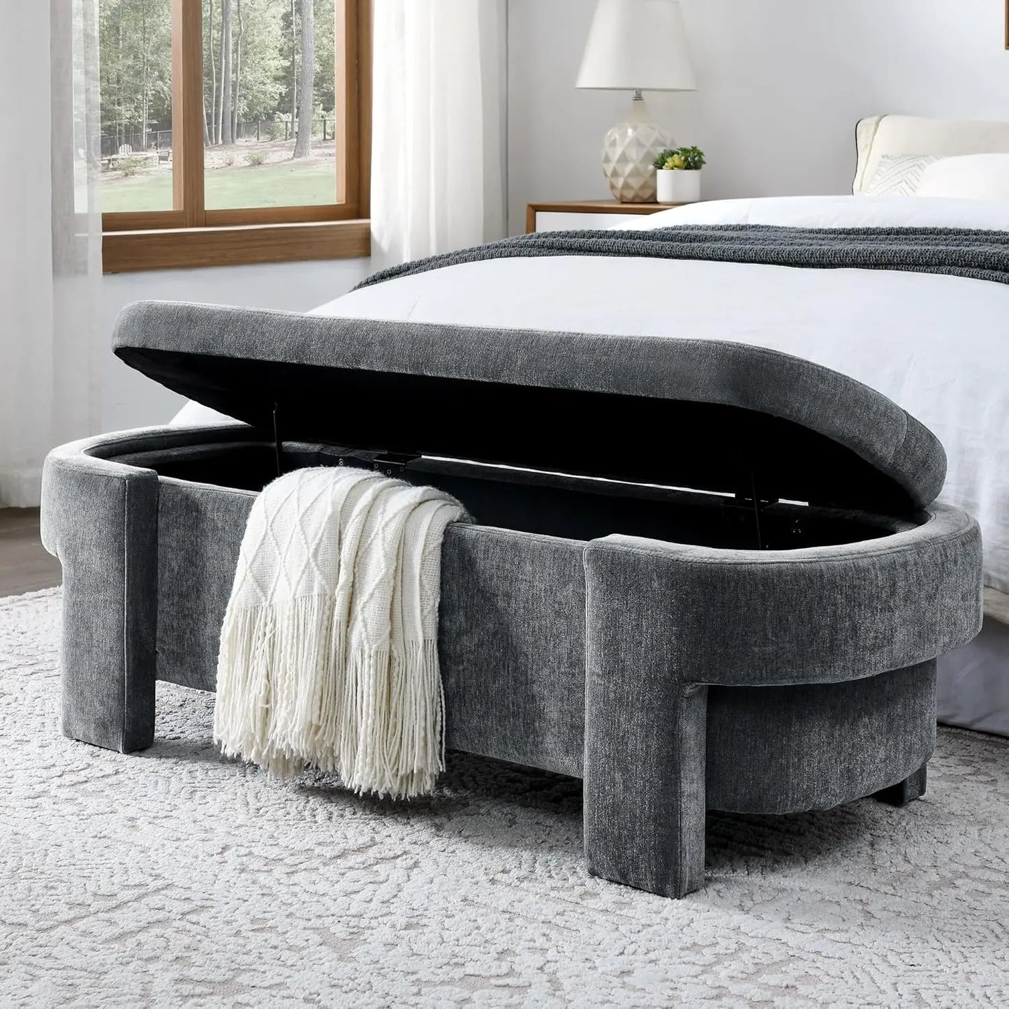 Oval Storage Bench With Linen Upholstery And Large Storage