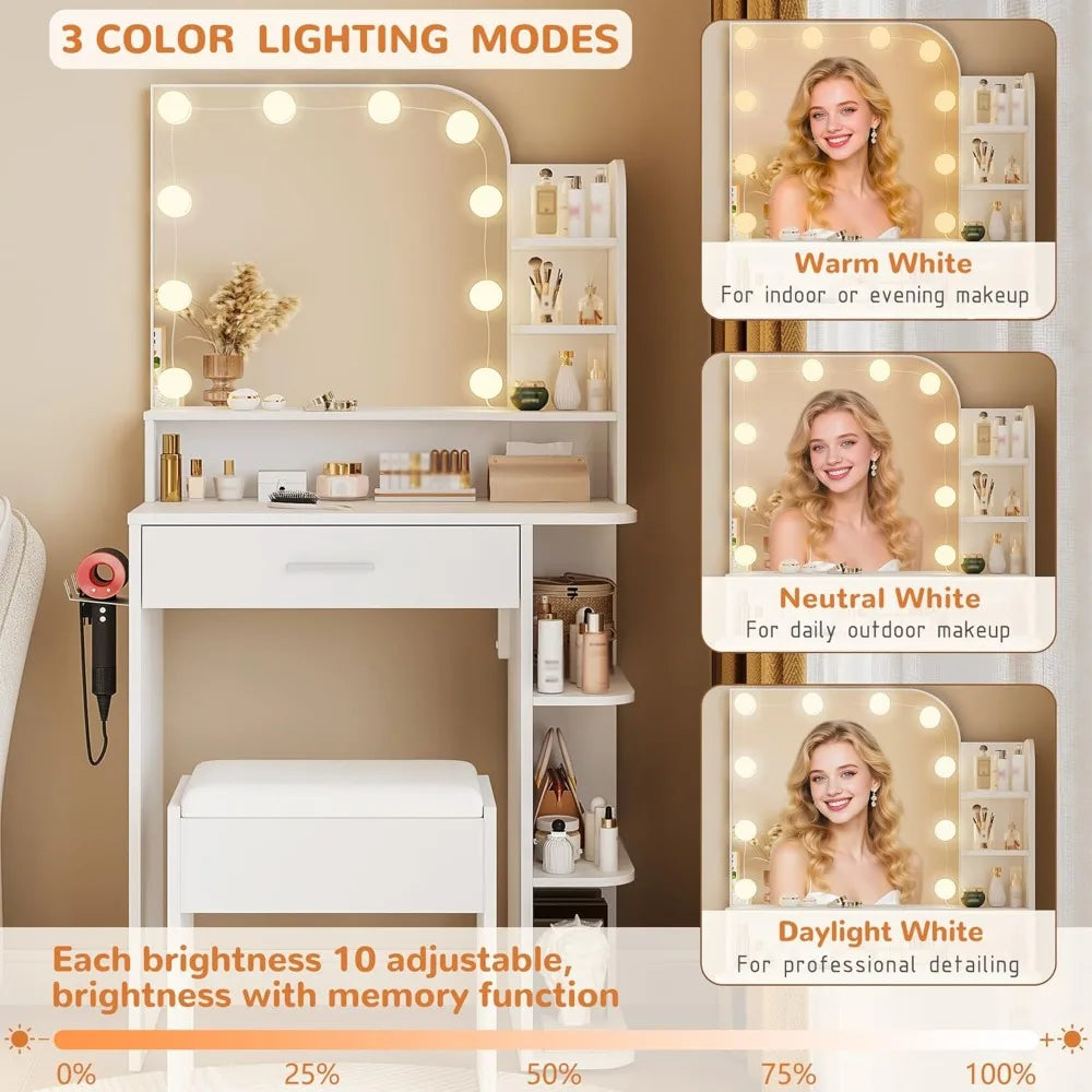 Compact Makeup Vanity Desk With Mirror Lights And Stool