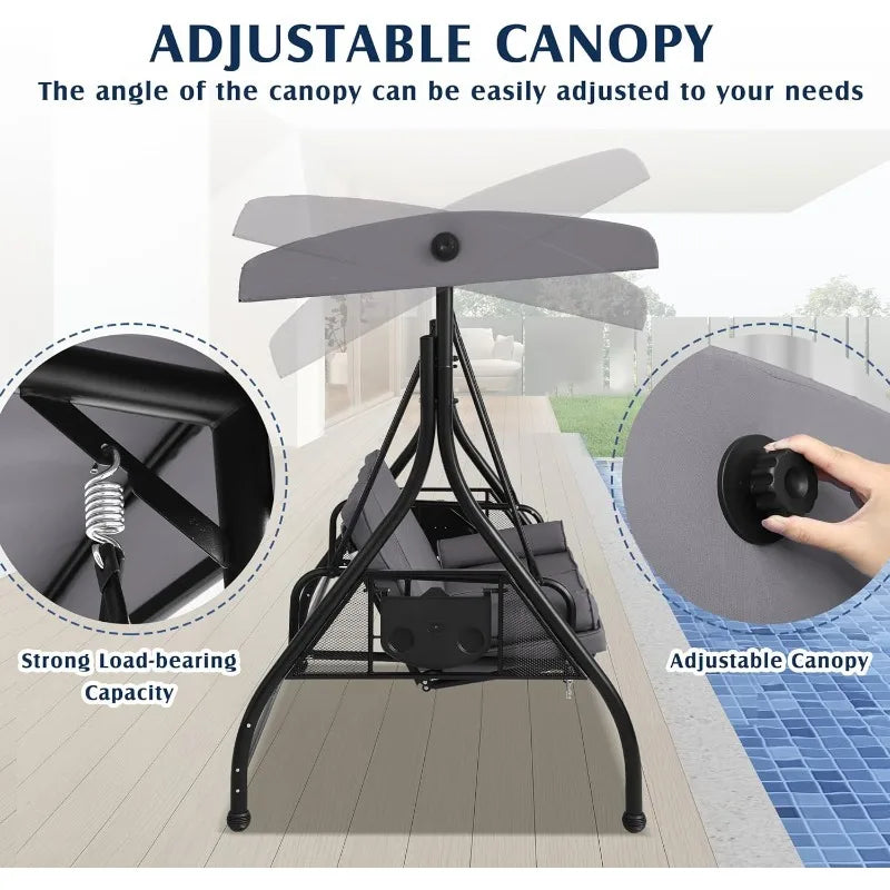 Abo 3-Seat Outdoor Porch Swing With Canopy Cup Holder