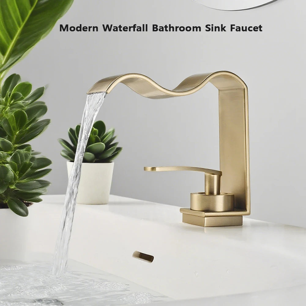 WJNMONE Deck Mounted Brass Bathroom Faucet Waterfall Lavatory Tap