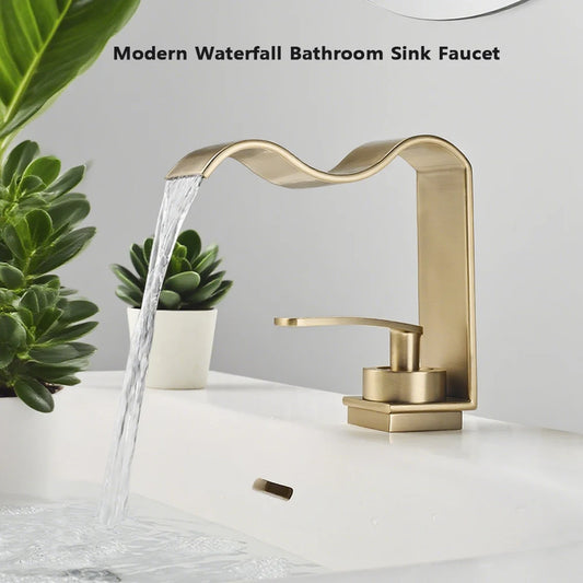 WJNMONE Deck Mounted Brass Bathroom Faucet Waterfall Lavatory Tap