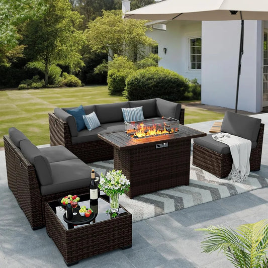 Outdoor Patio Furniture Set With Gas Fire Pit Rattan Sectionals