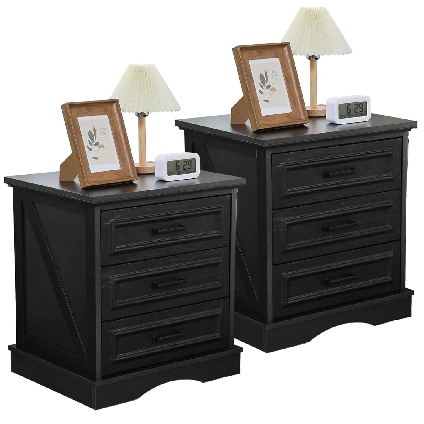 Farmhouse Night Stands Set of 2, Wood Nightstand with Charging Station, 22" Wide End Table with 3 Drawers, White, Customized