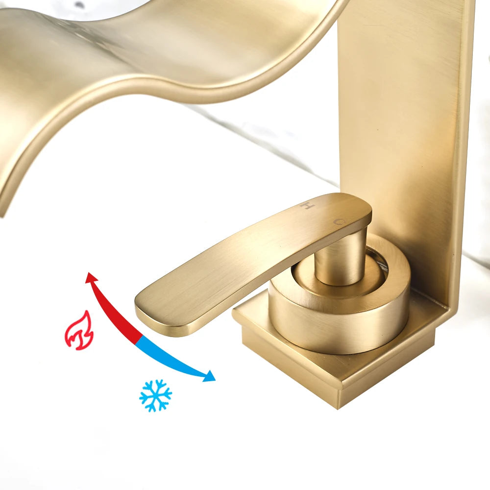 WJNMONE Deck Mounted Brass Bathroom Faucet Waterfall Lavatory Tap
