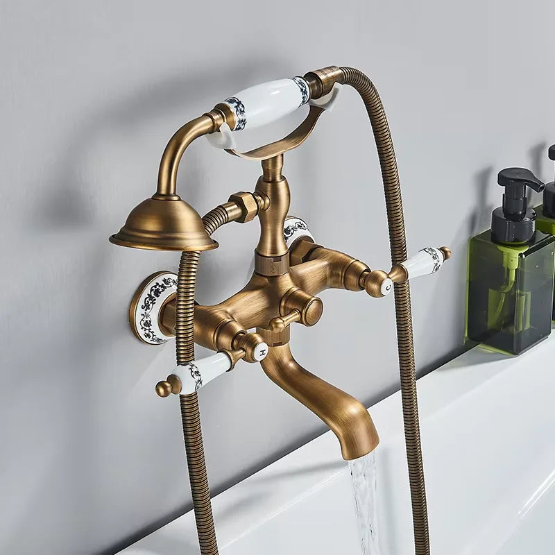 Rozin Antique Brass Bathtub Shower Faucet Set With Dual Handshower