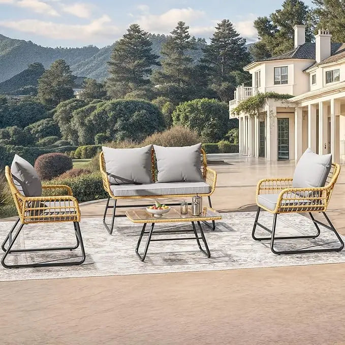 4 Piece Patio Furniture Wicker Outdoor Bistro Set All Weather Rattan Conversation Loveseat Chairs For Backyard Balcony