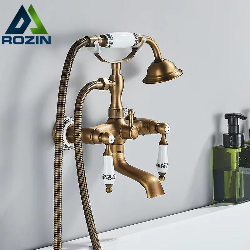 Rozin Antique Brass Bathtub Shower Faucet Set With Dual Handshower