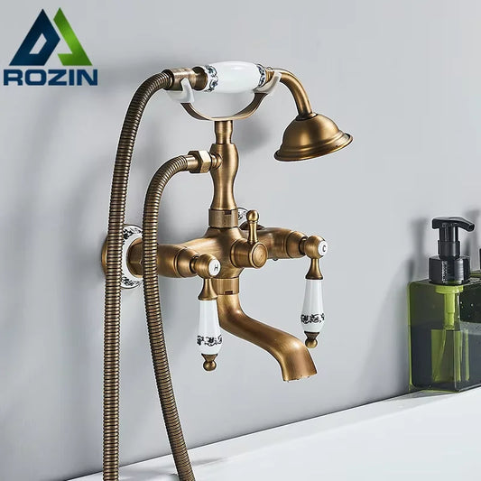 Rozin Antique Brass Bathtub Shower Faucet Set With Dual Handshower