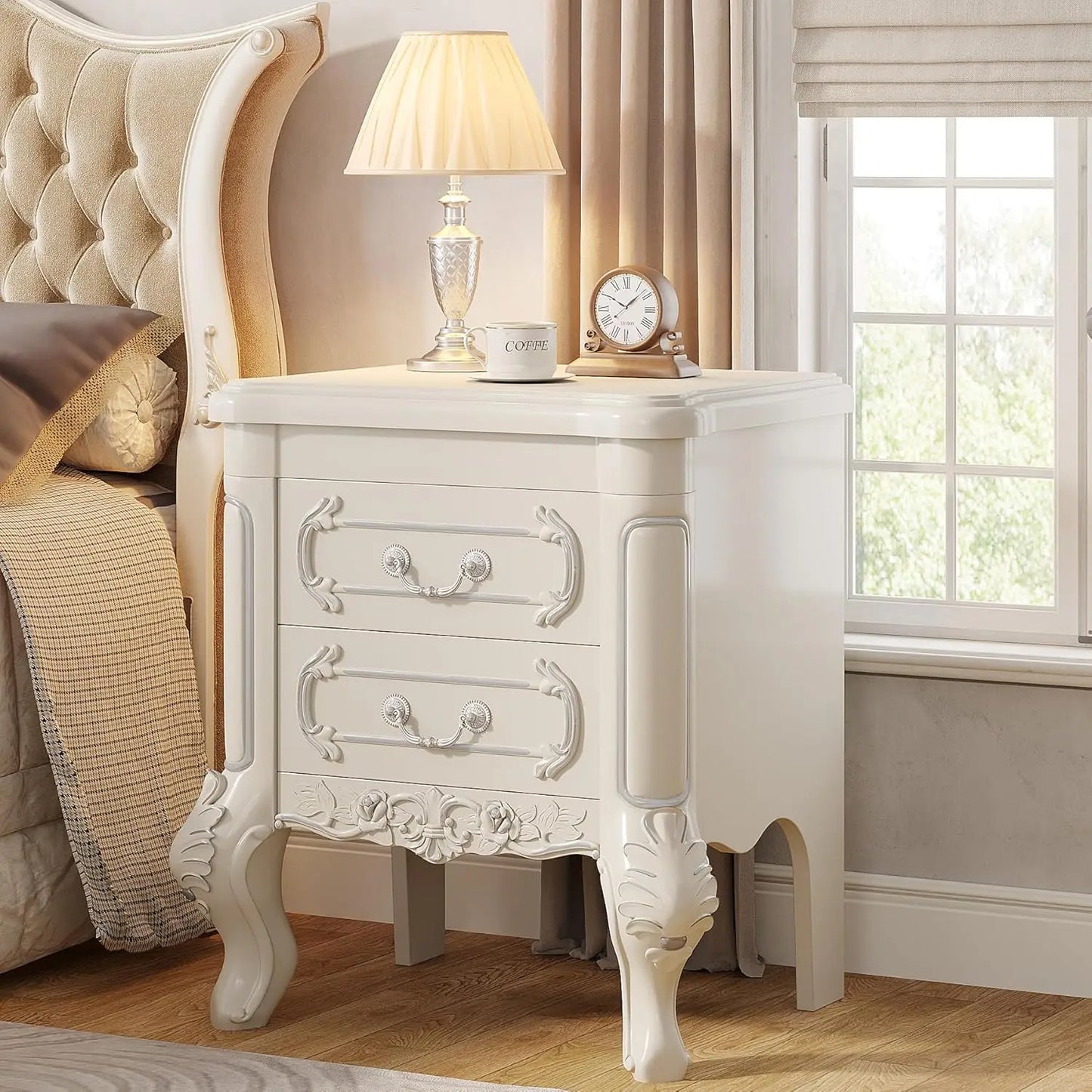 White Nightstand, End Table with 2 Drawers, Carved Bedside Tables, Side Table for Bedroom, Classic Bedroom Furniture