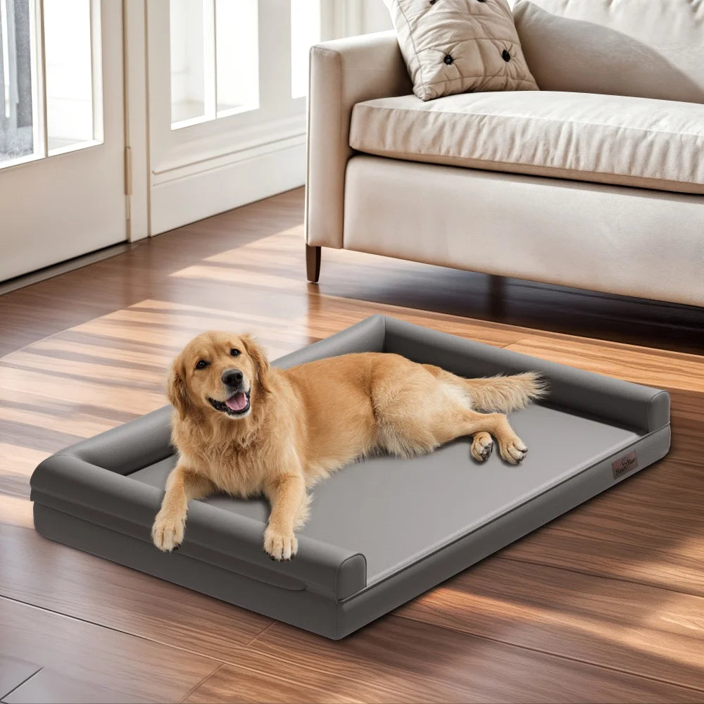 BORWARTCN Orthopedic Bolster PU Leather Dog Bed With Removable Cover