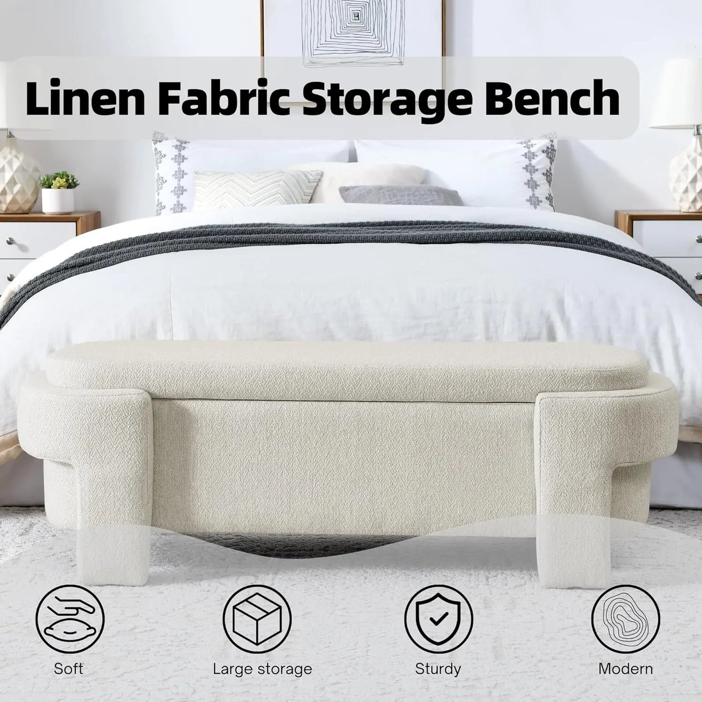 Oval Storage Bench With Linen Upholstery And Large Storage