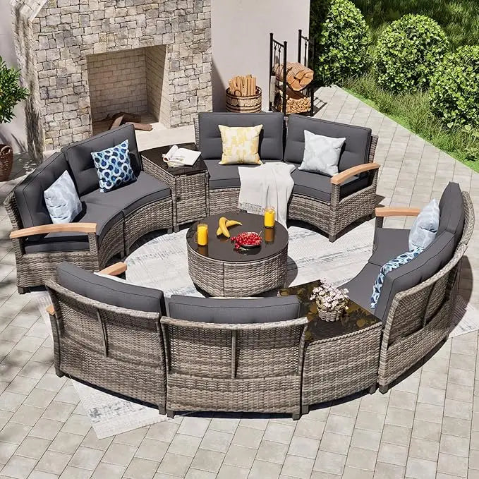 Multi-piece Outdoor Patio Furniture Sets, Half Moon Curving Part of The Sofa Rattan Patio Conversation Sets