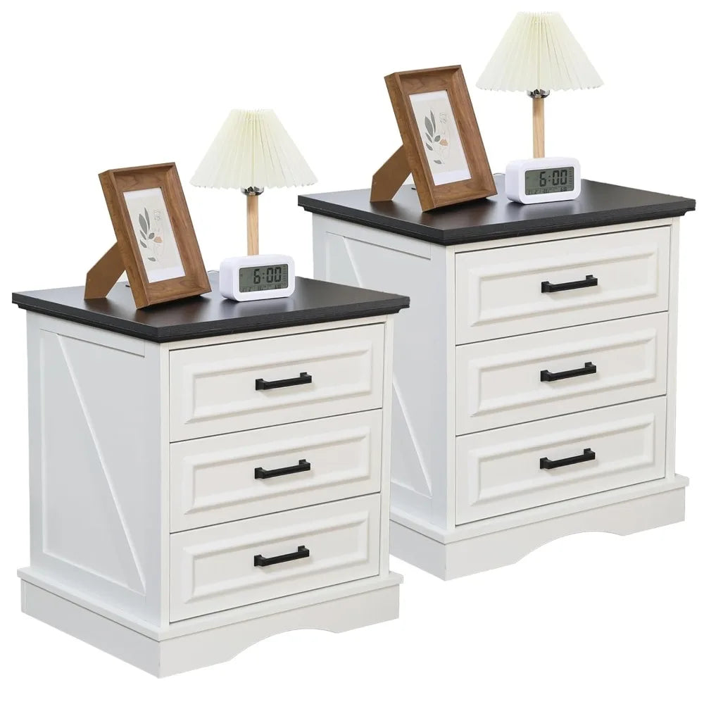 Farmhouse Night Stands Set of 2, Wood Nightstand with Charging Station, 22" Wide End Table with 3 Drawers, White, Customized