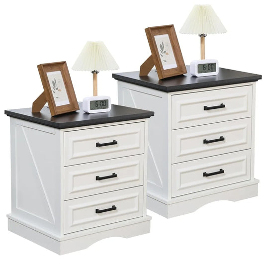Farmhouse Night Stands Set of 2, Wood Nightstand with Charging Station, 22" Wide End Table with 3 Drawers, White, Customized