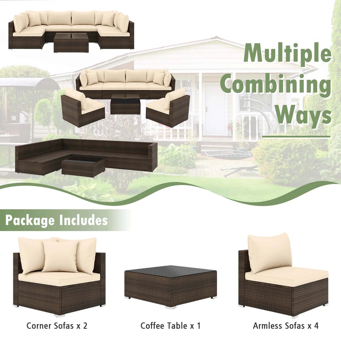 7 Piece Patio Rattan Furniture Set With Cushioned Sectional Sofa For Garden Brown