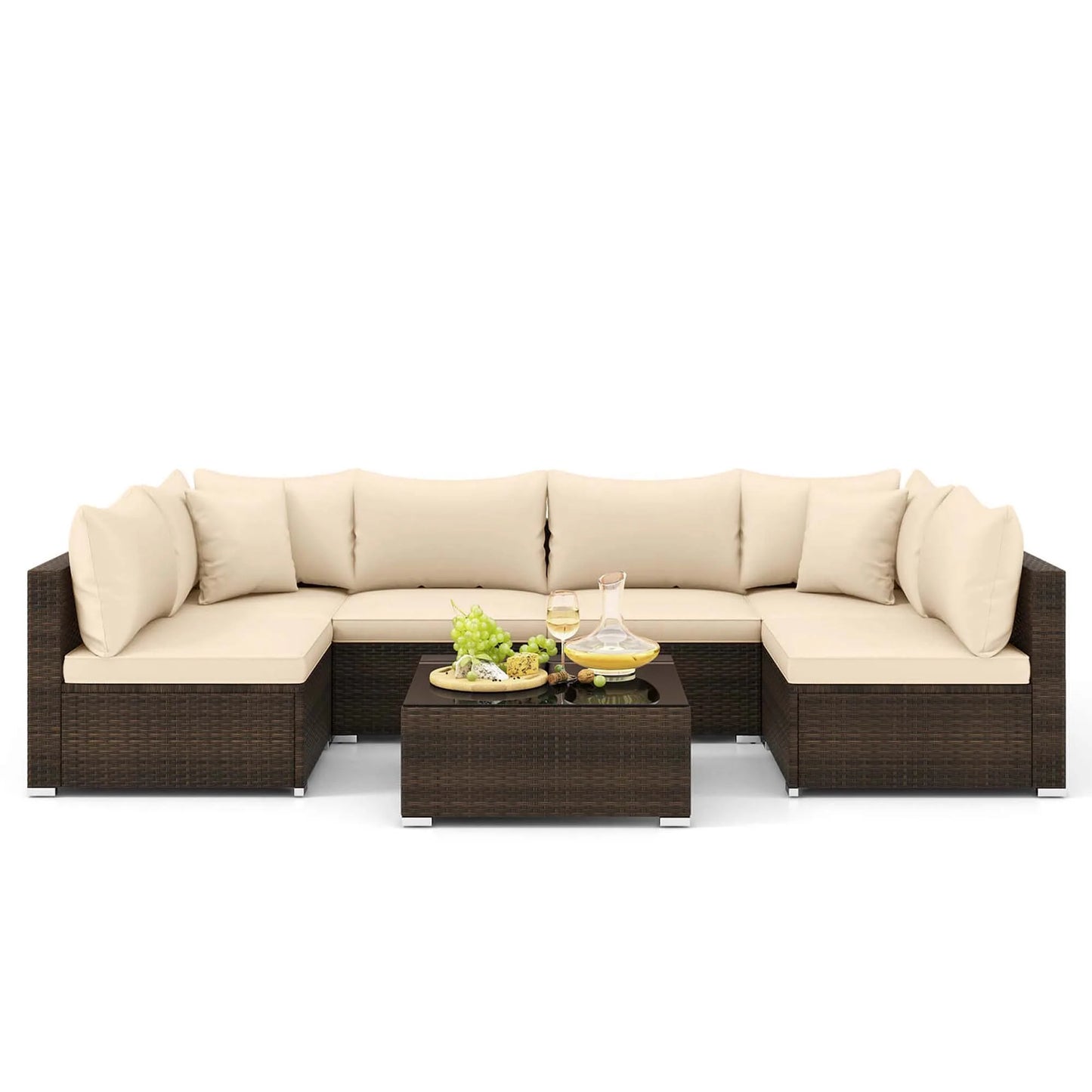 7 Piece Patio Rattan Furniture Set With Cushioned Sectional Sofa For Garden Brown