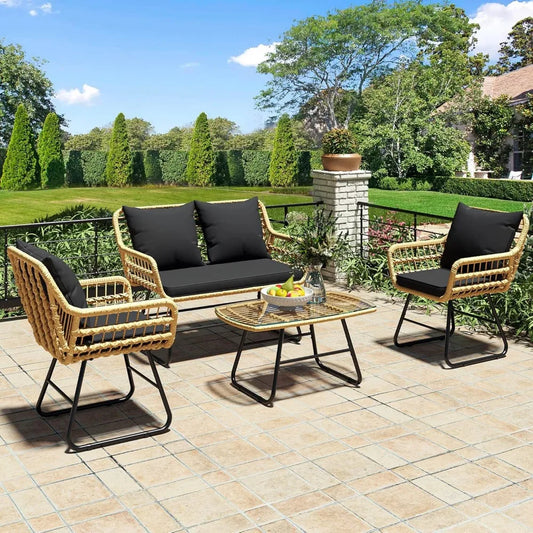 4 Piece Patio Furniture Wicker Outdoor Bistro Set All Weather Rattan Conversation Loveseat Chairs For Backyard Balcony