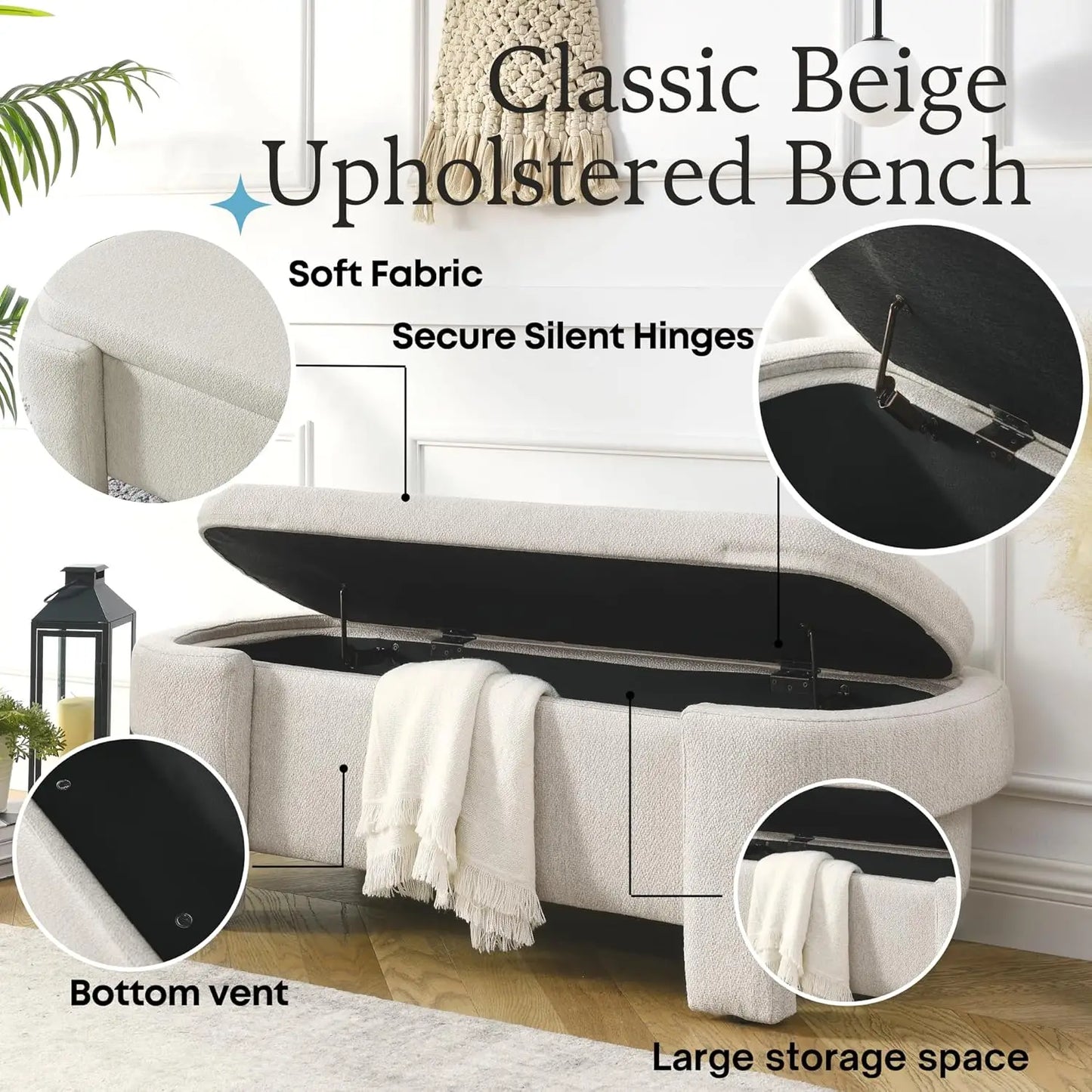 Oval Linen Upholstered End Of Bed Storage Bench With Large Storage Space