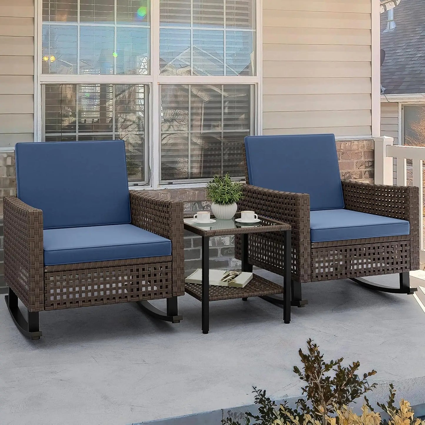 Wicker Patio Rocking Chair Set With Rattan Side Table Cushions