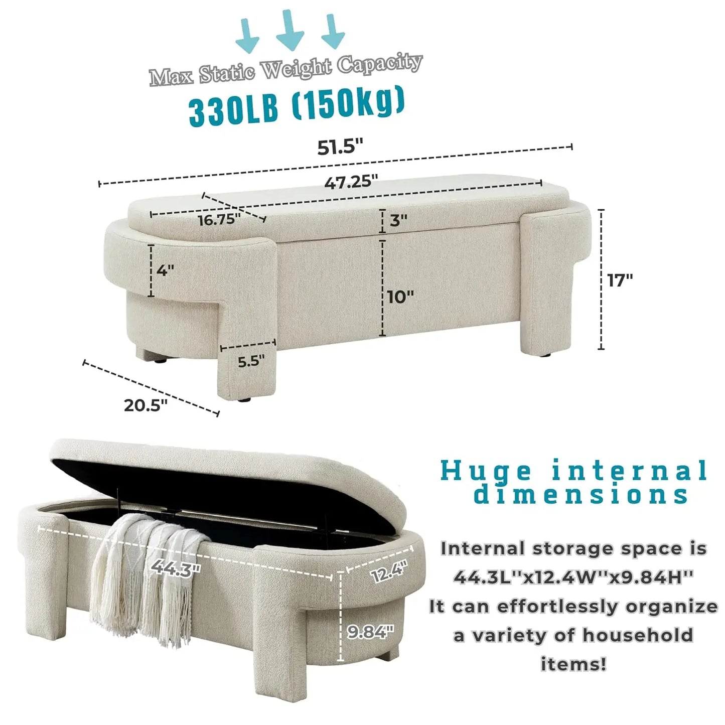 Oval Linen Upholstered End Of Bed Storage Bench With Large Storage Space